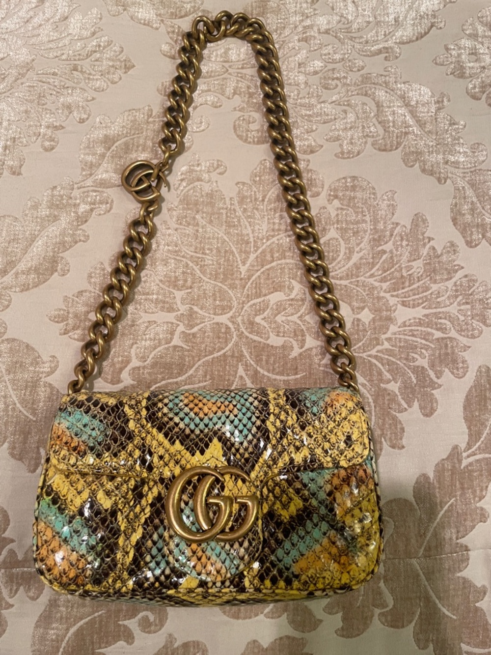 Gucci Small GG Marmont Python Shoulder Bag in Yellow/Green